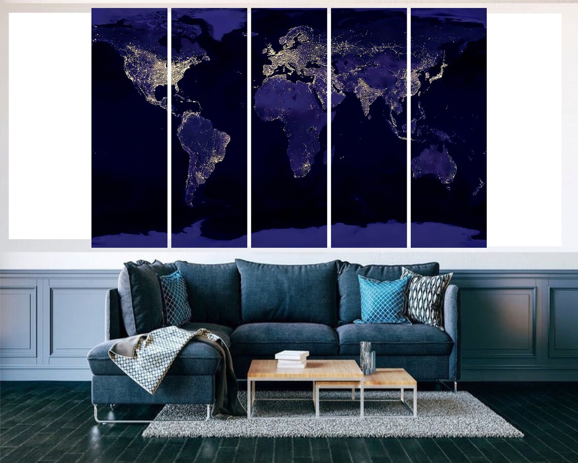 Illuminated World Map Wall Art Canvas Dark Blue World Map Wall Etsy