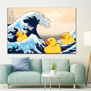 May include: A yellow rubber ducky riding a large blue wave, inspired by the famous Japanese woodblock print "The Great Wave off Kanagawa".