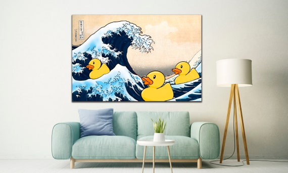 Rubber Ducks Wall Art The Great Wave Print Katsushika Hokusai Art Yellow Rubber Duck Canvas Ducky Print Japan Wall Art Modern Home Decor