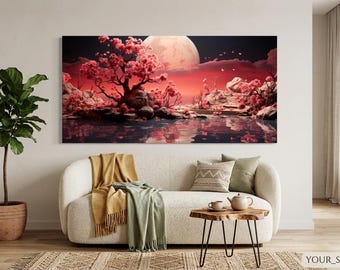 Pink cherry blossom canvas wall art Japanese sakura moon landscape print
