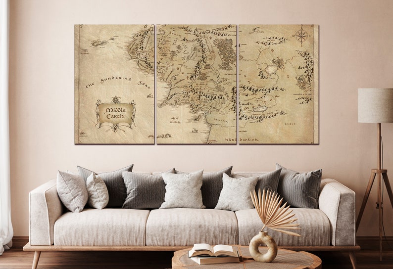 Map canvas World map wall art Antique map print Middle Earth antique map wall decor Extra large wall art Ready to hang Set of 3 Panels
