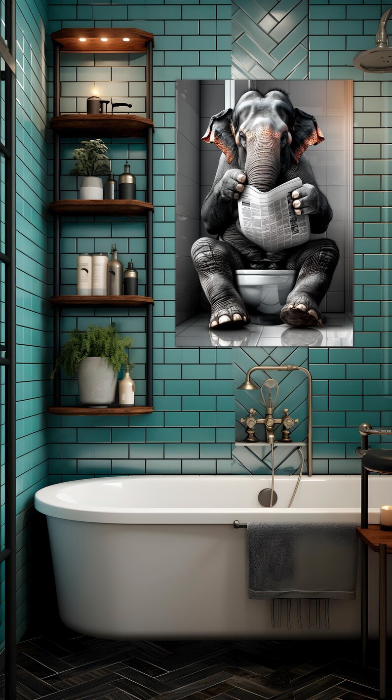 Elephant on Toilet Reading Newspaper Canvas Wall Art Bathroom Humor ...