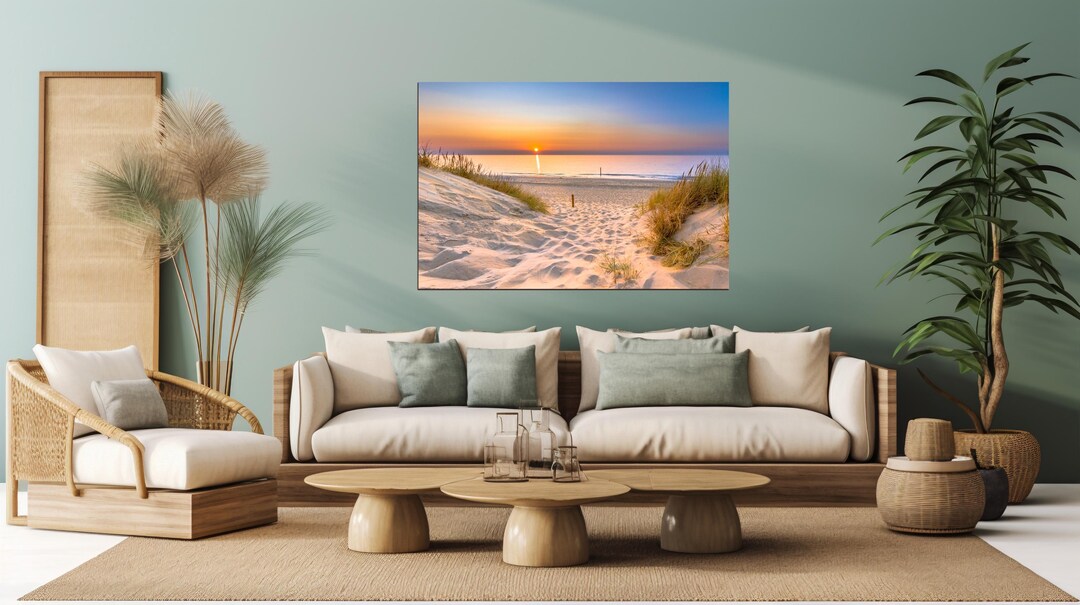 Coastal Beach Sunset Canvas Wall Art, Sand Dunes Ocean Print, Nautical ...