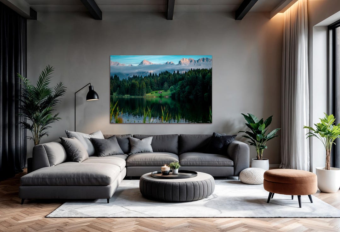 Mountain Lake Canvas Wall Art Misty Pine Forest Landscape Teal Blue ...