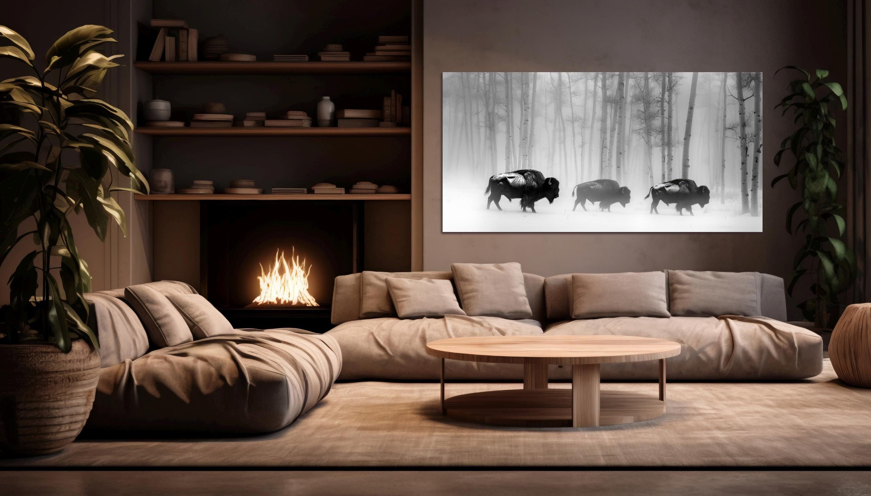 Bison Canvas Wall Art, Black and White Wildlife Winter Forest Print ...