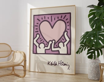 Keith Haring Coeur Art Mural, Amour et Unité, Impression d’Art Moderne Rose, Décoration Murale Esthétique, Idée Cadeau Tendance