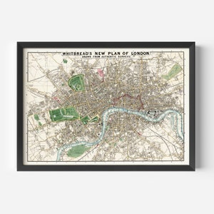 May include: A vintage map of London, England, titled "Whitbread's New Plan of London, Drawn from Authentic Surveys". The map shows the city's streets, parks, and the River Thames.