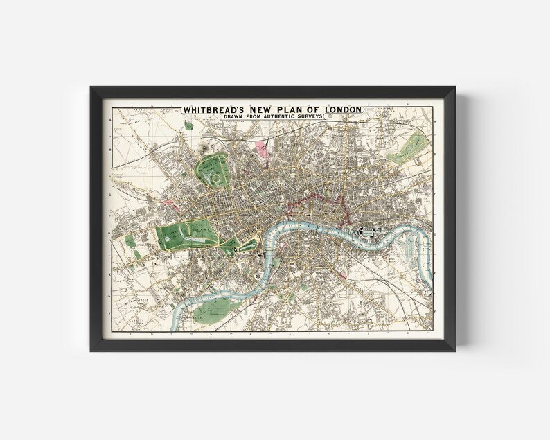 May include: A vintage map of London, England, titled "Whitbread's New Plan of London, Drawn from Authentic Surveys". The map shows the city's streets, parks, and the River Thames.