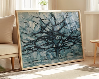 Piet Mondrian Art Print - Grey Tree, Minimalist Blue Poster, Unique Wall Decor, Gift Idea, Abstract Art, Interior Decoration