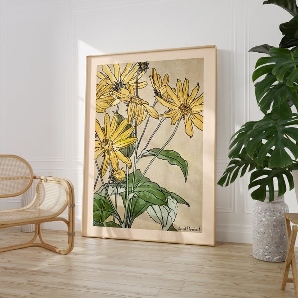 Impression d’art floral jaune, Affiche botanique vintage, Décoration murale nature, Idée cadeau maison chaleureuse, Art mural élégant