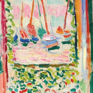 May include: A colorful abstract painting depicting a scene of sailboats in a harbor. The painting features bold strokes of pink, blue, green, orange, and red paint, creating a vibrant and dynamic composition.