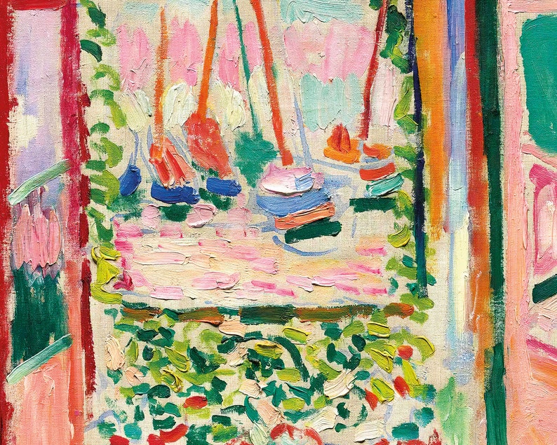 May include: A colorful abstract painting depicting a scene of sailboats in a harbor. The painting features bold strokes of pink, blue, green, orange, and red paint, creating a vibrant and dynamic composition.