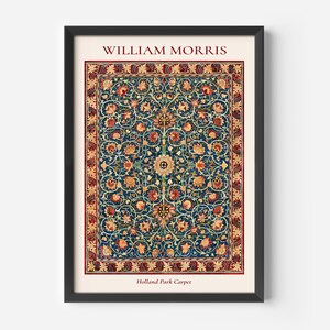 May include: A framed print of a vintage rug design with a blue background and intricate floral patterns in red, yellow, and green. The title "William Morris" and "Holland Park Carpet" are printed below the rug design.