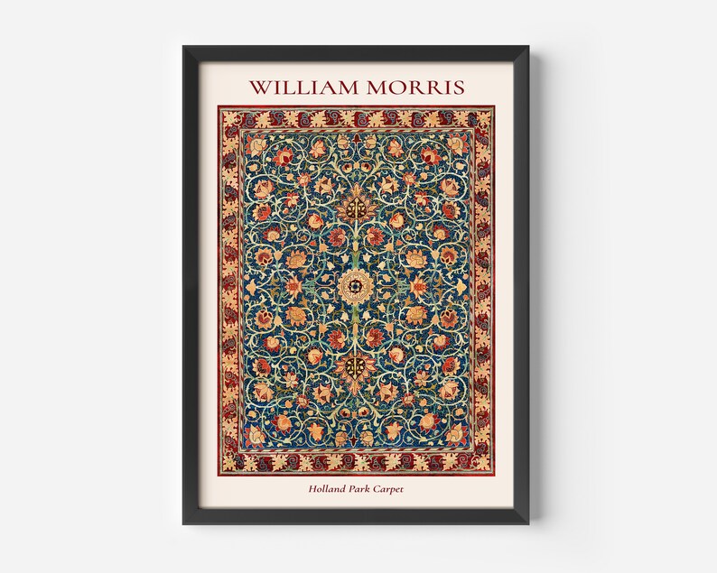May include: A framed print of a vintage rug design with a blue background and intricate floral patterns in red, yellow, and green. The title "William Morris" and "Holland Park Carpet" are printed below the rug design.
