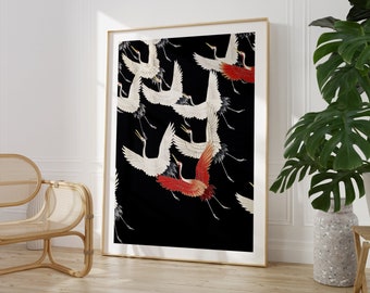 Fliegender Kranich Furisode Kunst, traditioneller japanischer Druck, Schwarz-Weiß-Wanddekoration, stilvolle Geschenkidee, moderne asiatische Kunst