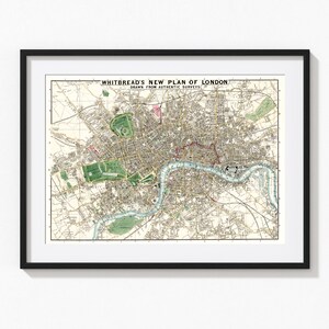 May include: A vintage map of London, England, titled "Whitbread's New Plan of London, Drawn from Authentic Surveys". The map shows the city's streets, parks, and the River Thames.