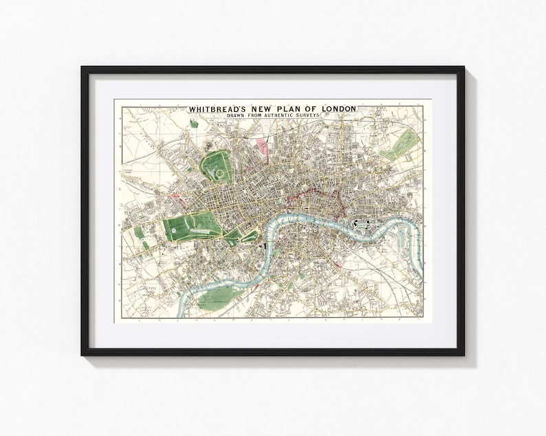 May include: A vintage map of London, England, titled "Whitbread's New Plan of London, Drawn from Authentic Surveys". The map shows the city's streets, parks, and the River Thames.