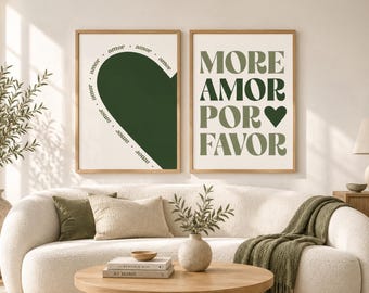 Set of 2 love posters, More Amor Por Favor, large green heart, romantic and eclectic wall decor