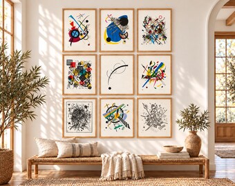 Set of 9 Kandinsky posters, black and white graphic abstract art, Bauhaus style
