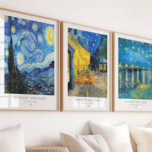 Set van 3 Van Gogh-posters – Sterrennacht, Caféterras, Over de Rhône – Impressionistische wanddecoratieset, posters voor wanddecoratie