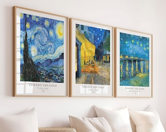 Set van 3 Van Gogh-posters – Sterrennacht, Caféterras, Over de Rhône – Impressionistische wanddecoratieset, posters voor wanddecoratie