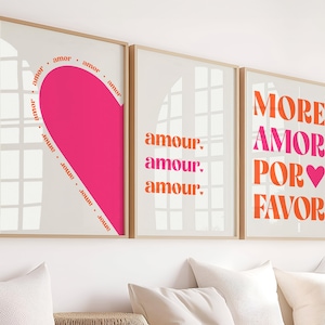 3er Set Liebeszitate Poster - More Amor Por Favor Amour - Moderne Rosa Orange Wandkunst - Druckbares eklektisches Dekor