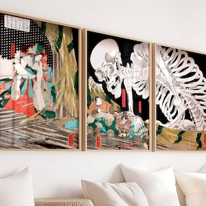 Utagawa Kuniyoshi 1910 Art Prints - Trio of Mitsukuni Defying Skeleton Specter, Japanese Ukiyo-e Wall Decor, Vintage Poster Set