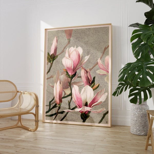 Impression d’art de magnolia, décoration murale florale, art botanique vintage, idée cadeau nature, affiche de fleur, décor chambre apaisant