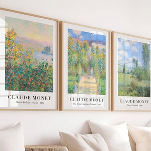 Set van 3 posters van Claude Monet - Tuin van de kunstenaar, uitzicht op Vétheuil, bloemperken - impressionistische kunst, wanddecoratie