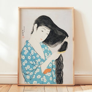 Stampa artistica di Hashiguchi Goyō, donna in kimono floreale, arte giapponese d'epoca, elegante decorazione da parete, idea regalo artistica unica