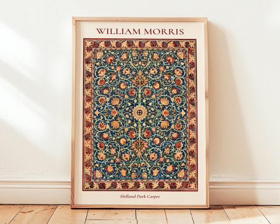Affiche William Morris Holland Park Carpet, motif textile floral bleu et terracotta