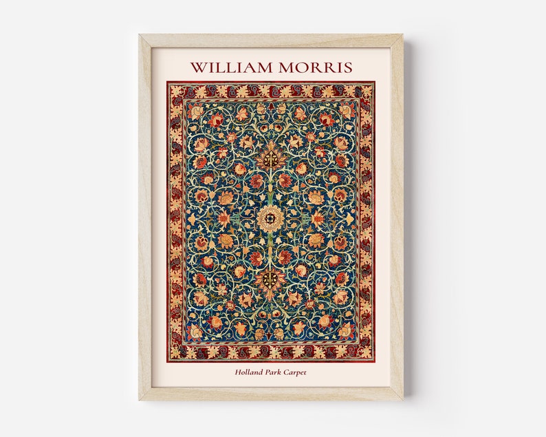 May include: A framed print of a vintage rug design by William Morris, featuring a blue background with intricate floral patterns in shades of red, yellow, and green. The title "Holland Park Carpet" is printed below the design.