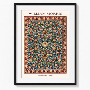 May include: A framed print of a vintage rug design by William Morris, featuring a repeating floral pattern in shades of red, blue, green, and yellow. The rug is called "Holland Park Carpet".