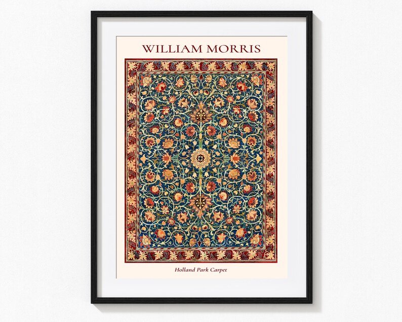 May include: A framed print of a vintage rug design by William Morris, featuring a repeating floral pattern in shades of red, blue, green, and yellow. The rug is called "Holland Park Carpet".