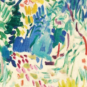 May include: Abstract painting with a vibrant color palette. The painting features bold strokes of blue, green, yellow, and pink paint. The background is a light cream color.