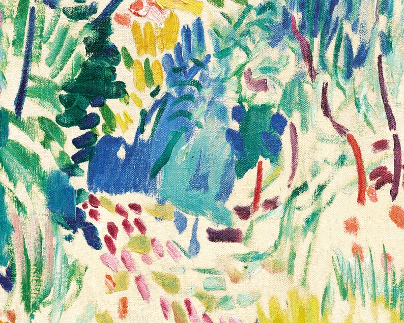 May include: Abstract painting with a vibrant color palette. The painting features bold strokes of blue, green, yellow, and pink paint. The background is a light cream color.