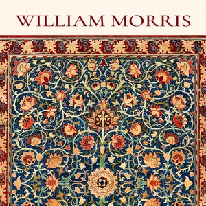 May include: A vintage rug with a blue background and a floral pattern in shades of red, yellow, and green. The rug has a red border with a repeating pattern. The text "WILLIAM MORRIS" is printed at the top of the image.