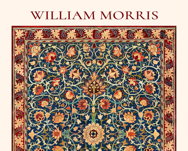 May include: A vintage rug with a blue background and a floral pattern in shades of red, yellow, and green. The rug has a red border with a repeating pattern. The text "WILLIAM MORRIS" is printed at the top of the image.