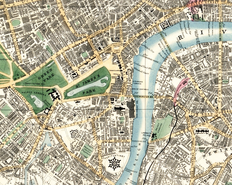 May include: An antique map of London, England, showing the River Thames, St. James's Park, Green Park, and Westminster Bridge. The map is printed in black, brown, and green ink on a white background.