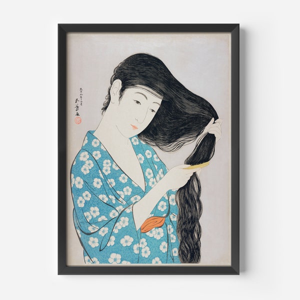 Impression d’art Hashiguchi Goyō, Femme en Kimono Floral, Art Japonais Vintage, Décoration Murale Élégante, Idée Cadeau Artistique Unique