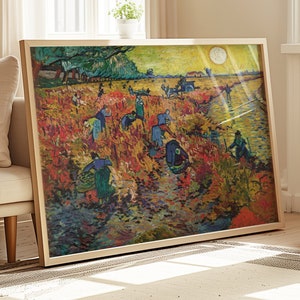 May include: A framed painting depicting a scene of people harvesting grapes in a vineyard. The painting is done in a vibrant style with bold strokes of color, including shades of blue, yellow, red, and green. The sun is shining brightly in the sky, and there is a river or stream running through the vineyard.