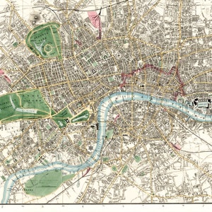 May include: A detailed map of London, England, showing the city's streets, parks, and the River Thames. The map is in a vintage style with a light brown background and blue lines for the river and streets.
