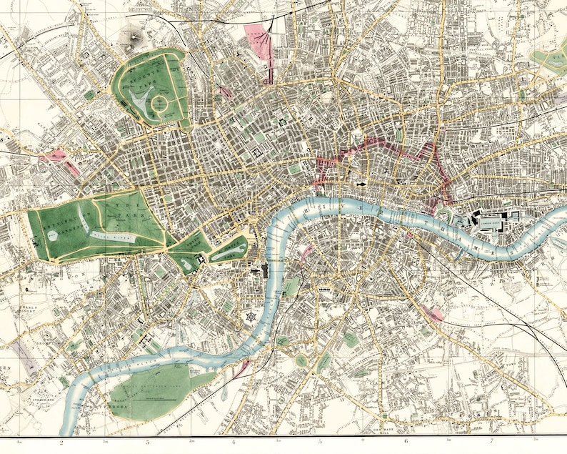 May include: A detailed map of London, England, showing the city's streets, parks, and the River Thames. The map is in a vintage style with a light brown background and blue lines for the river and streets.