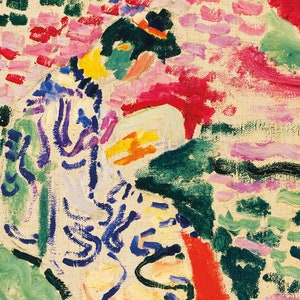 May include: Abstract painting with bold strokes of green, blue, yellow, pink, and red. The painting features a figure in the center, with a white background.