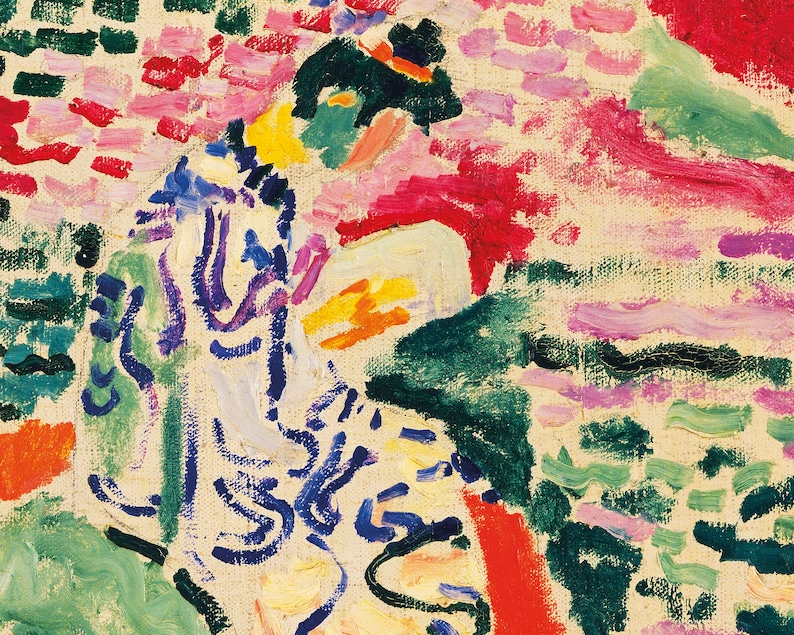 May include: Abstract painting with bold strokes of green, blue, yellow, pink, and red. The painting features a figure in the center, with a white background.