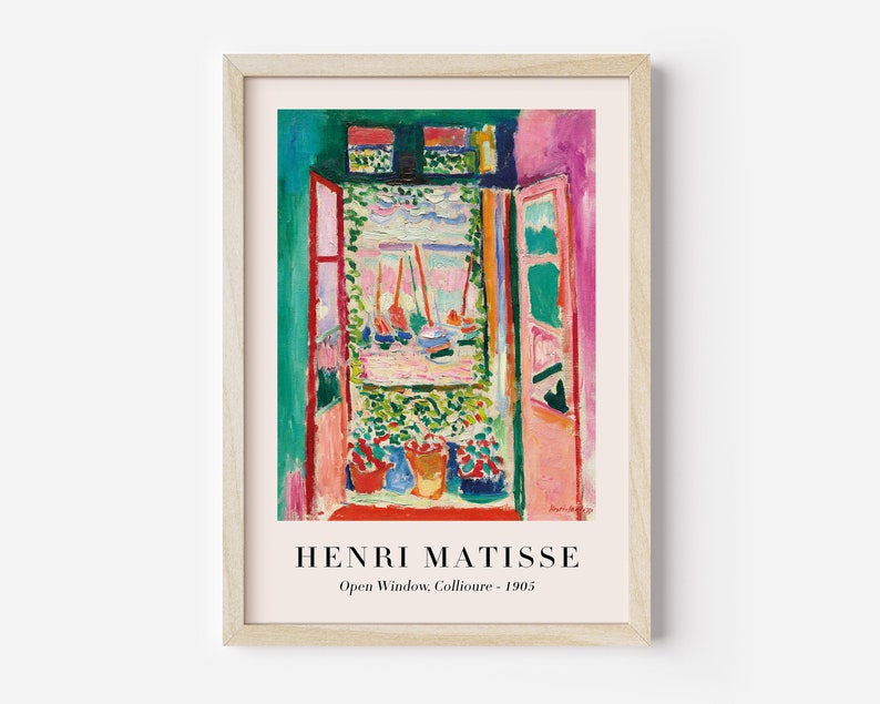 May include: A painting by Henri Matisse titled "Open Window, Collioure - 1905". The painting depicts a view from a window with a pink wall, a red door, and a green landscape with boats in the distance.