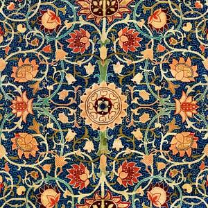 May include: A vintage floral pattern with intricate details in shades of red, orange, yellow, green, and blue on a dark blue background.