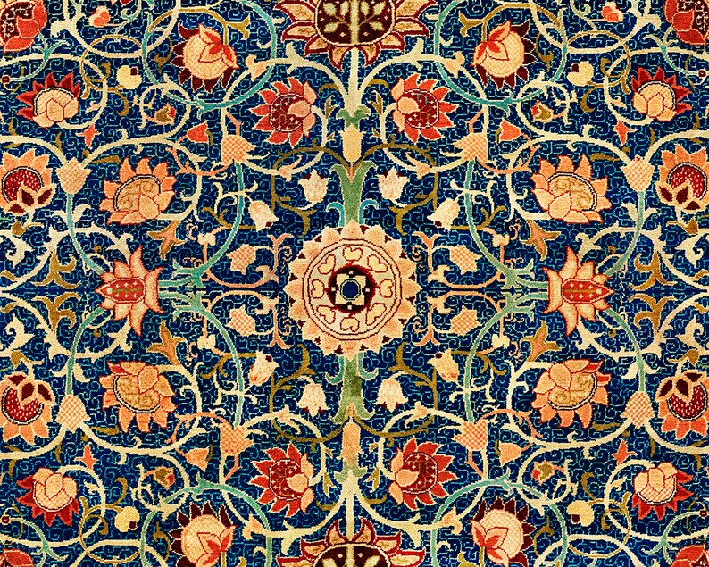 May include: A vintage floral pattern with intricate details in shades of red, orange, yellow, green, and blue on a dark blue background.