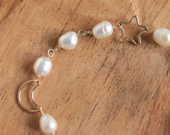 Moon&Star Freshwater Pearl Bracelet | Gold Filled Bracelet | Genuine Pearl Bracelet | Gift For Her