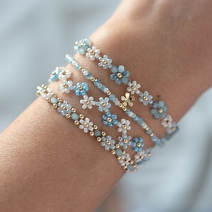 Blue Flower Bracelet Set: Gold Filled Beaded Bracelets